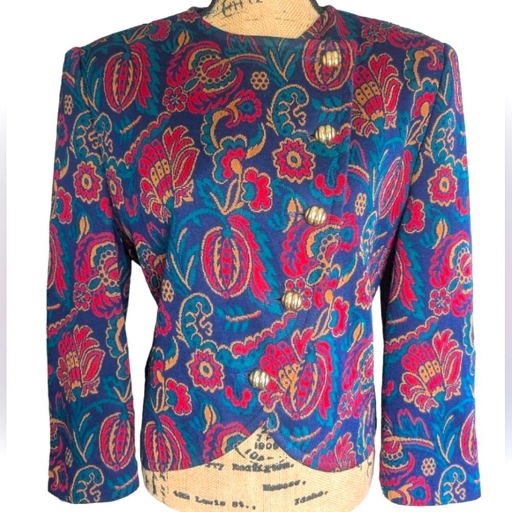 Vintage Crop Paisley Print Tailored Structured Designer Henry Lee Jacket Size 10 - Picture 2 of 14